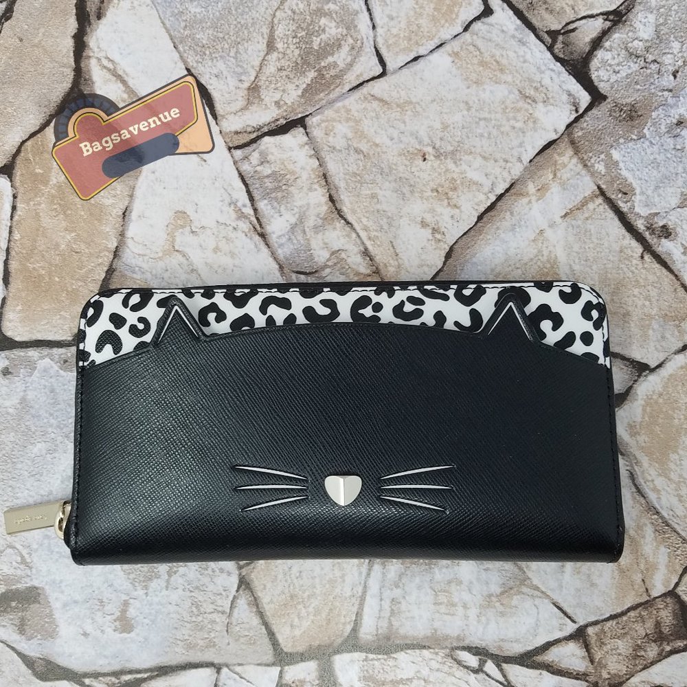 MEOW CAT LARGE CONTINENTAL WALLET WLR00593 NWT $239 BLACK WHITE KATE SPADE
